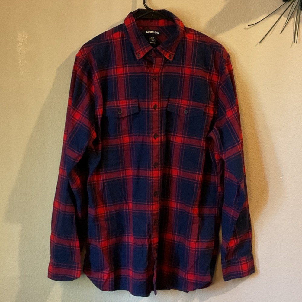 Lands' End Men's Casual Plaid Shirt - Navy and Crimson